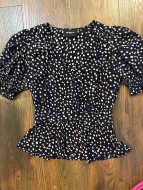 The Kooples Paris Black Polka Dot Peplum Top with Puff Sleeves